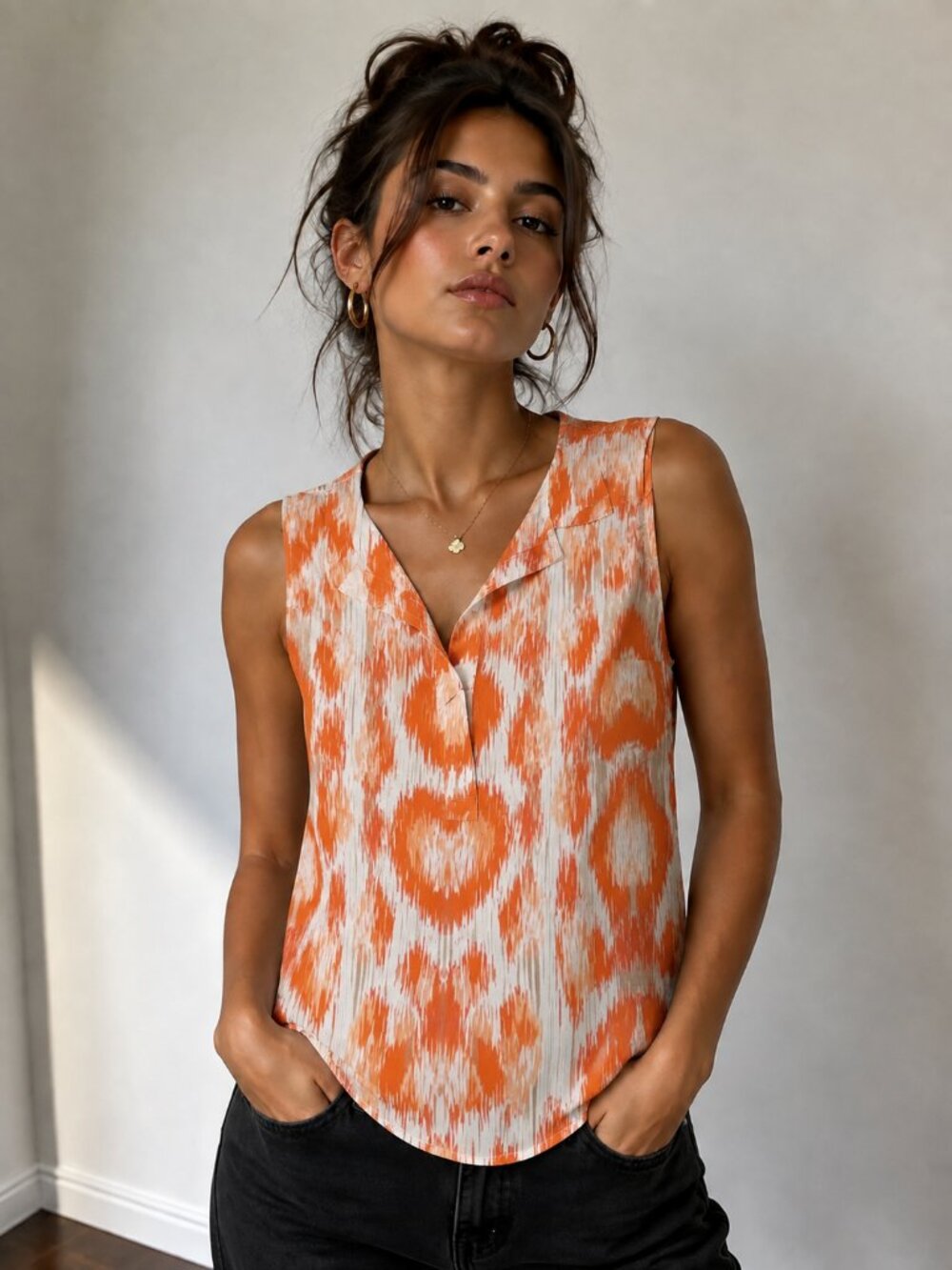 Cynthia Rowley Women's Sleeveless Tank Top in Orange Ikat Print